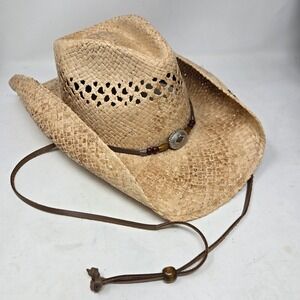 Stetson Straw Cowboy Hat Mens Medium Tan Western Ventilated Concho Chin Strap